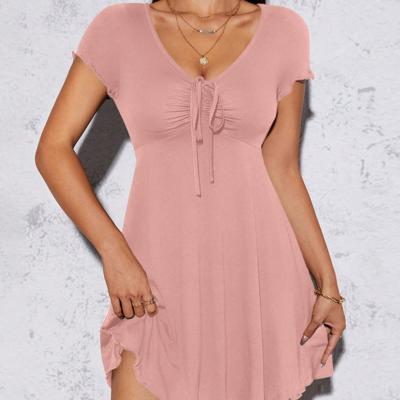 Petite Blue V-Neck Lettuce Trim Drawstring Knot Front Mini Dress Pink / Petite XS