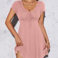 Petite Blue V-Neck Lettuce Trim Drawstring Knot Front Mini Dress Pink / Petite XS