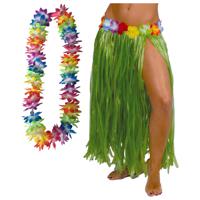 Hawaii verkleed hoela rokje en bloemenkrans met led - volwassenen - groen - tropisch themafeest - thumbnail