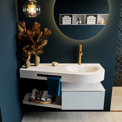 MONDIAZ RIVA 120cm badmeubel onderkast / planchet kleur Clay met 1 lade. Wastafel DULCET rechts 1 kraangat kleur Talc.