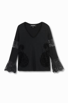 Shirt met wijd uitlopende mouwen en ingezette delen - BLACK - XS