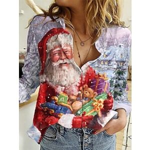 Fout kerstshirt Dames Overhemd Blouse Kerstman Rood Afdrukken nappi Lange mouw Kerstmis Casual Festival / Feestdagen Overhemdkraag Normale pasvorm Lente Herfs