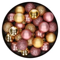 28x stuks kunststof kerstballen goud en oudroze mix 3 cm - thumbnail