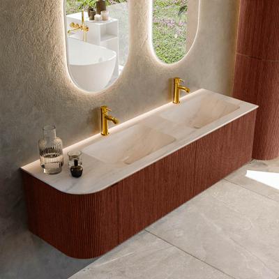 Badmeubel Mondiaz Kurve-Dlux | 155 cm | Meubelkleur Ruby | Wastafelkleur Meli | Solid surface | Dubbel / Rechts spoelbak | 2 kraangaten