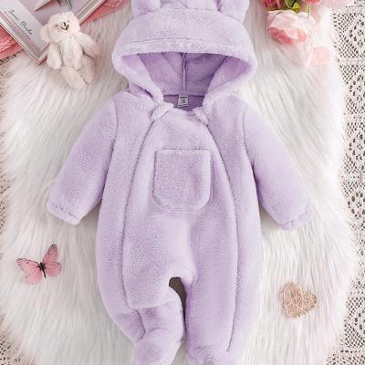 Newborn Baby Girl Plush Ear Pocket Hooded One-Piece Jumpsuit, Soft & Warm, Elegant Pink, For Halloween Party,Summer Travel Purple / 6-9M