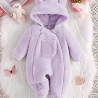 Newborn Baby Girl Plush Ear Pocket Hooded One-Piece Jumpsuit, Soft & Warm, Elegant Pink, For Halloween Party,Summer Travel Purple / 6-9M