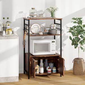 Keukenrek met Kast 3 Verdiepingen Tellend Bakkersrek met 2 Open Planken en 10 Haken Magnetronrek Industrieel met Metalen Frame