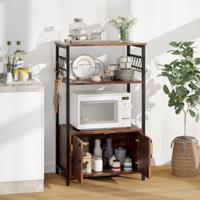 Keukenrek met Kast 3 Verdiepingen Tellend Bakkersrek met 2 Open Planken en 10 Haken Magnetronrek Industrieel met Metalen Frame