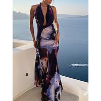 Dames Lange jurk maxi-jurk Gala jurk Feestjurk Trompet- zeemeerminjurk blauw Bloemig Mouwloos Lente Herfst Winter Blote rug Modieus Halternek Verjaardag Avond