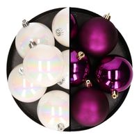 Kerstballen - 12x st - 8 cm - parelmoer wit en paars - kunststof - thumbnail