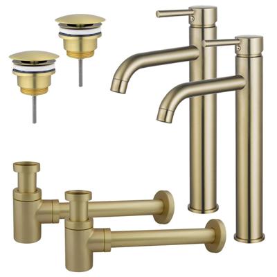 Fortifura Calvi Wastafelkraanset - voor dubbele wastafel - verhoogde wastafelkraan - always open plug - verlaagde design sifon - Geborsteld Messing PVD (Goud) 2x SW720549/2x SW696208/2x SW696218
