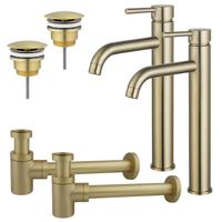 Fortifura Calvi Wastafelkraanset - voor dubbele wastafel - verhoogde wastafelkraan - always open plug - verlaagde design sifon - Geborsteld Messing PVD (Goud) 2x SW720549/2x SW696208/2x SW696218