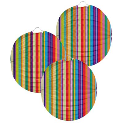 Lampion strepen - 3x - 22 cm - multi kleuren - papier