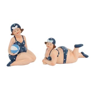 Woonkamer decoratie beeldjes set van 2 dikke dames - donkerblauw badpak - 11 cm