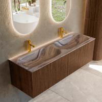 Badmeubel Mondiaz Kurve-Dlux | 140 cm | Meubelkleur Walnut | Wastafelkleur Sombra | Solid surface | Wasbak beide zijden spoelbak | 2 kraangaten