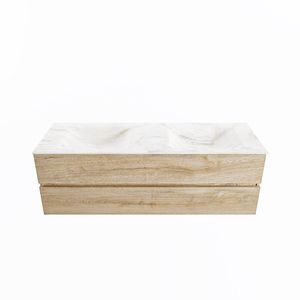 MONDIAZ VICA-DLUX 150cm badmeubel onderkast Washed Oak 2 lades. Inbouw wastafel CLOUD dubbel 2 kraangaten, kleur Ostra.