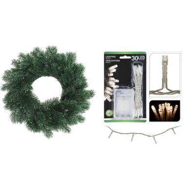 Kerstkrans Dennenkrans - 35 cm - groen - warm witte verlichting - 30 lampjes - batterij gevoed