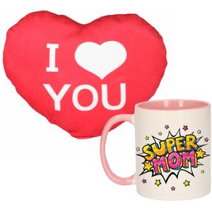 Super mom mok/beker 300 ml roze incl. sierkussentje hart vorm 15 cm