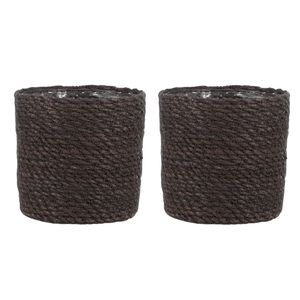 2x stuks naturel grijs rotan planten pot mand van gedraaid jute/riet H14 en D14 cm - Plantenpotten