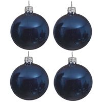 4x Donkerblauwe glazen kerstballen 10 cm glans - thumbnail