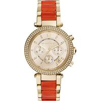 Michael Kors Parker multifunctioneel champagne wijzerplaat Rosegoudkleurig en oranje acetaat dameshorloge MK6139
