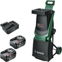 Bosch Groen UniversalShredder Fluisterhakselaar 2x18V-25 | 2x PBA 18V 4.0 Ah Accu + 1x Snellader AL 18V-44 + 1x 28L Opvangzak - 06008E0000