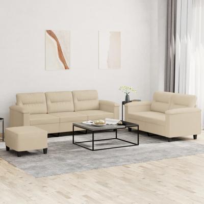 3-delige Loungeset met kussens microvezelstof crèmekleurig