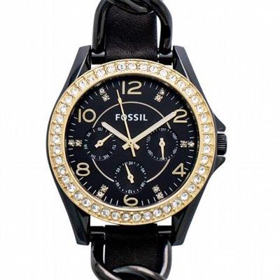 Fossil Riley Black Crystal-set wijzerplaat zwart lederen band Dameshorloge 38 mm ES3696
