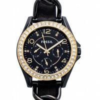 Fossil Riley Black Crystal-set wijzerplaat zwart lederen band Dameshorloge 38 mm ES3696