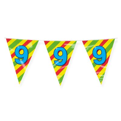 Verjaardag 9 jaar thema Vlaggetjes - Feestversiering - 10m - Folie - Dubbelzijdig