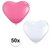 50x bruiloft ballonnen wit / roze hartjes versiering - thumbnail