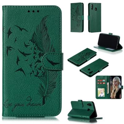 Feather patroon Litchi textuur horizontale Flip lederen draagtas met portemonnee & houder & kaartsleuven voor Galaxy M20 (groen)