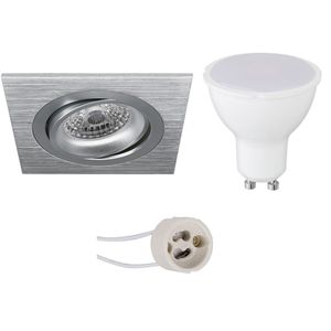 LED Spot Set - Pragmi Borny Pro - GU10 Fitting - Dimbaar - Inbouw Vierkant - Mat Zilver - 6W - Warm Wit 3000K - Kantelbaar - 92mm