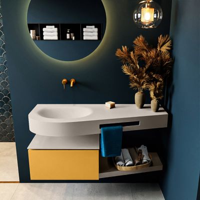 MONDIAZ RIVA 120cm badmeubel onderkast / planchet kleur Ocher met 1 lade. Wastafel DULCET links 0 kraangaten kleur Linen. MONDIAZ RIVA 120cm badmeubel onderkast / planchet kleur Ocher met 1 lade. Wastafel DULCET links 0 kraangaten kleur Linen.