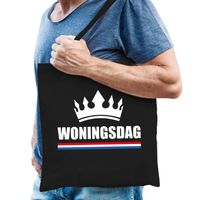Woningsdag tas / shopper zwart katoen met witte tekst en kroon voor heren - Feest Boodschappentassen - thumbnail