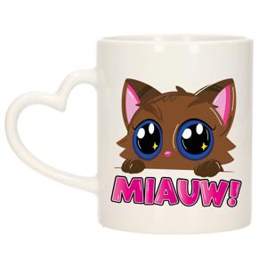 Cadeau koffie/thee mok - poes/kat - Miauw - roze - hartjes oor - keramiek - poesje