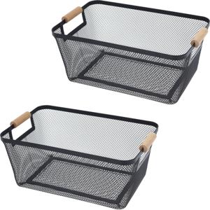 Opbergmand - 2x - met handgrepen - zwart - metaal - 35 x 23 x 16 cm - draadmand