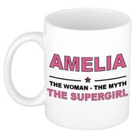 Naam cadeau mok/ beker Amelia The woman, The myth the supergirl 300 ml - Naam mokken