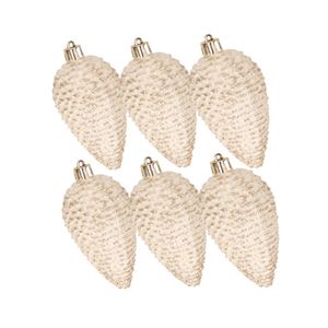 Kerstornamenten kunststof dennenappels 6x stuks beige glitter 8 cm