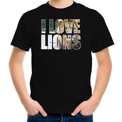Tekst t-shirt I love lions met dieren foto van een leeuw zwart voor kinderen Tekst t-shirt I love lions met dieren foto van een leeuw zwart voor kinderen