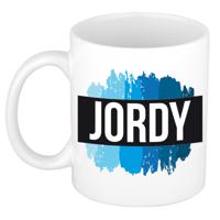 Jordy naam cadeau koffie mok - beker - met blauw verfstrepen - Cadeau collega - vaderdag