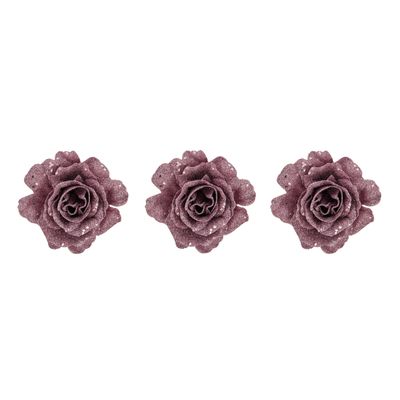 4x stuks decoratie bloemen roos roze glitter op clip 10 cm