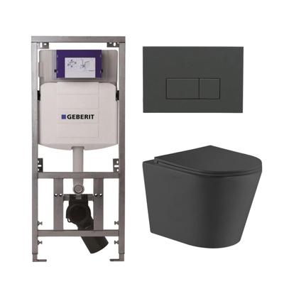 QeramiQ Dely Toiletset - 36.3x51.7cm - diepspoel - rimless - Geberit UP320 Burda inbouwreservoir - softclose toiletzitting - bedieningsplaat antraciet mat - rechtehoekige knoppen - mat zwart SW1026253/0701131/SW1102377/SW1000768