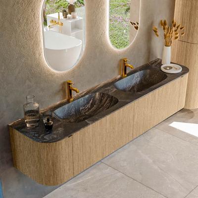 Badmeubel Mondiaz Kurve-Dlux | 200 cm | Meubelkleur Oak | Wastafelkleur Lava | Solid surface | Dubbele spoelbak | 2 kraangaten