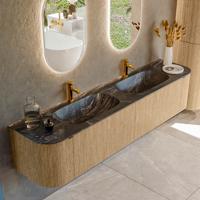 Badmeubel Mondiaz Kurve-Dlux | 200 cm | Meubelkleur Oak | Wastafelkleur Lava | Solid surface | Dubbele spoelbak | 2 kraangaten Badmeubel Mondiaz Kurve-Dlux | 200 cm | Meubelkleur Oak | Wastafelkleur Lava | Solid surface | Dubbele spoelbak | 2 kraangaten