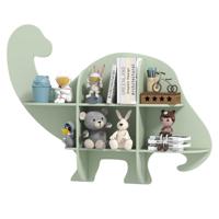 Boekenkast voor Kinderen Wandrek van Hout met 2 Planken en 6 Open Vakken Wandgemonteerd Dinosaurus-Kinderrek Groen