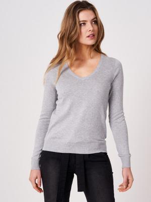 Basic sweater met V-hals van katoenmix