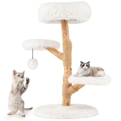 90 cm Krabpaal Massief Perenhouten Kattentoren met Zitstok Modern Kattenactiviteitencentrum met Natuurlijke Jute Krabpalen Hangende Bal Wit