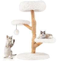 90 cm Krabpaal Massief Perenhouten Kattentoren met Zitstok Modern Kattenactiviteitencentrum met Natuurlijke Jute Krabpalen Hangende Bal Wit