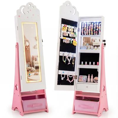 Kinderjuwelendoos met Verlichting Staande Sieradenorganizer voor Kinderen met Passpiegel 4 Sensorlampjes